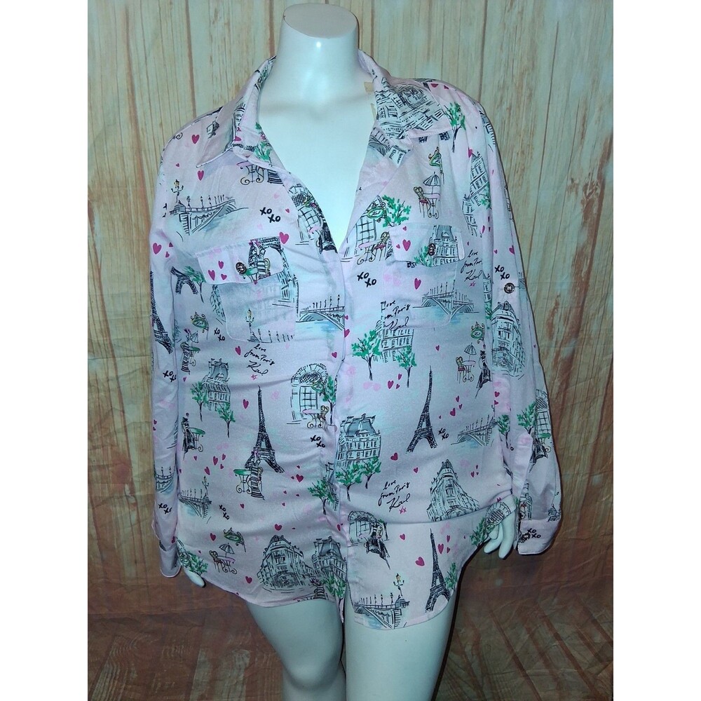 Karl Lagerfeld Paris Pink Long Roll Tab Sleeve Button Up Blouse Sz L